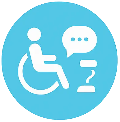 Accessibility icon with assistive tech symbol on a soft pastel blue background.
