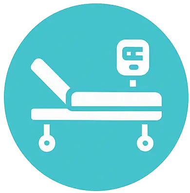 Hospital bed and infusion pump icon on a soft blue background.