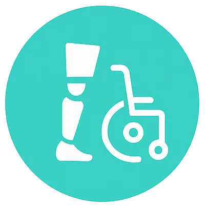 rthopedic prosthesis icon on a blue background, representing rehabilitation and mobility.