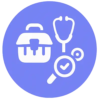 Veterinary medicine icon with stethoscope and animal symbol on a soft purple-blue background.